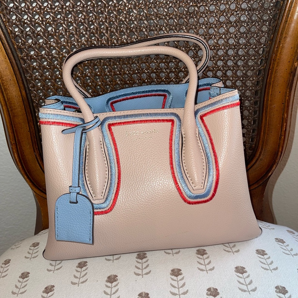 Kate Spade Beige Satchel with Blue and Red Accents